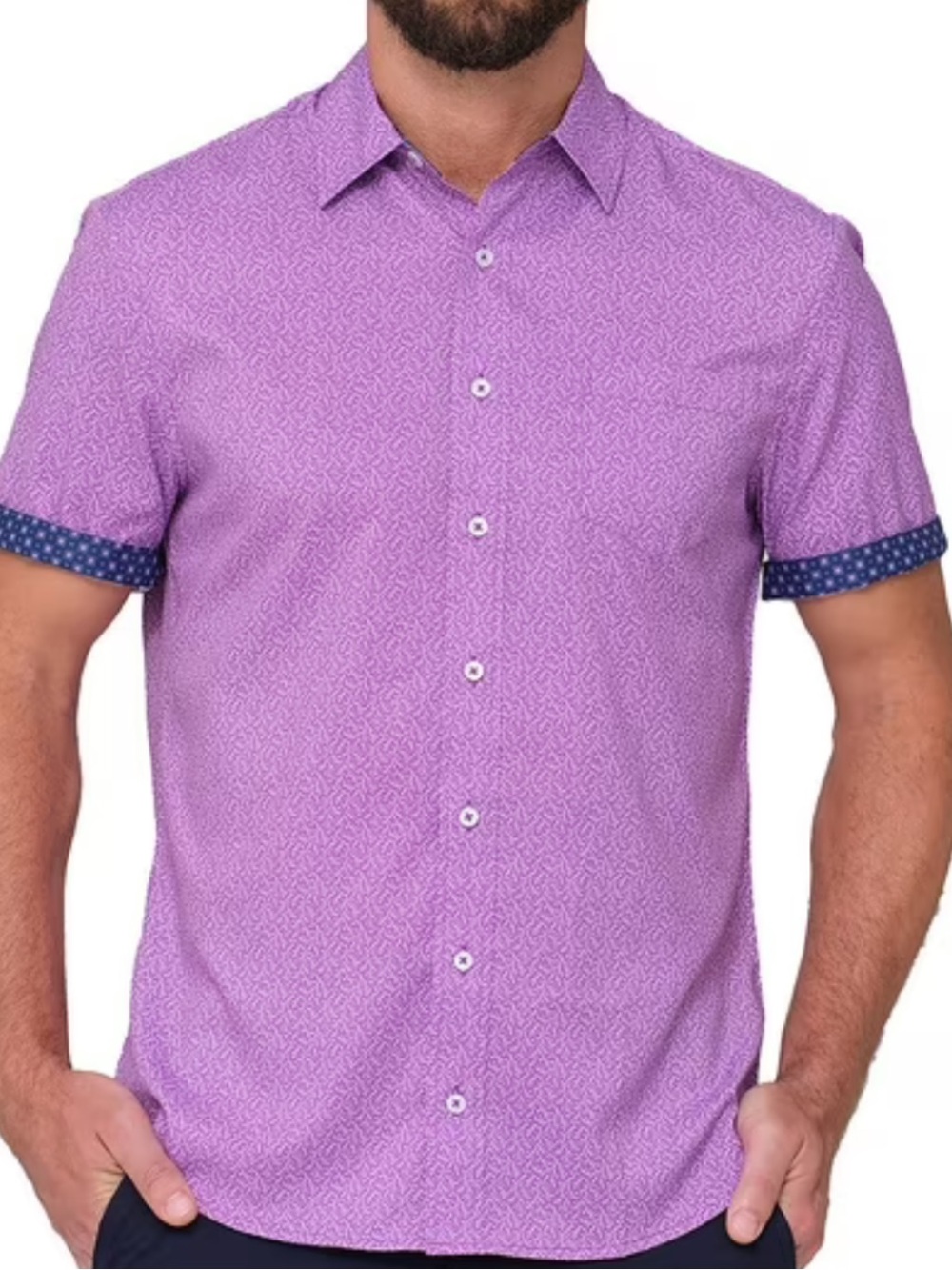 Men's Lavender Short-Sleeve Button-Down Shirt with Contrast Cuff